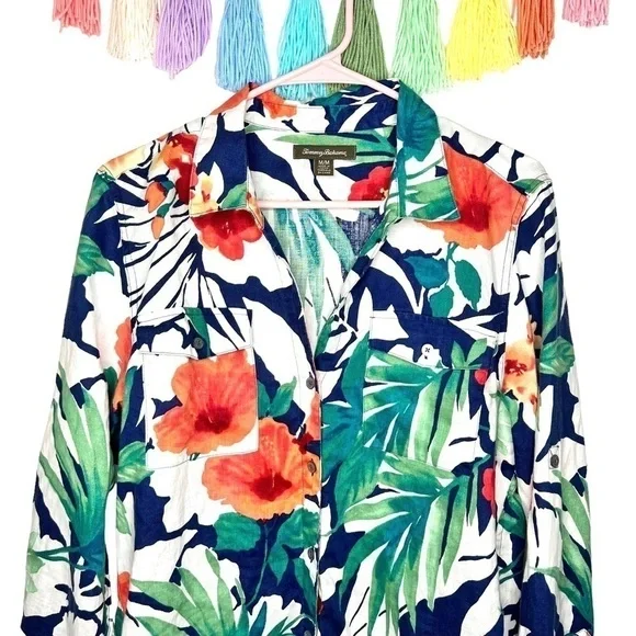 Tommy Bahama Victoria Bloom Floral Tropical Long Sleeve Palm Leaf Blouse Medium - Picture 3 of 13